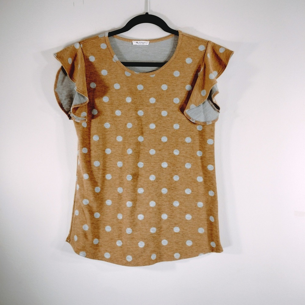 BOMBOM Tan Polka Dot Top; Flutter Sleeve Scoop Neck Casual